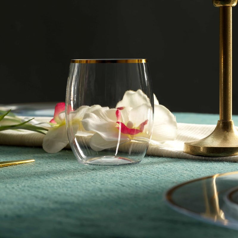 Munfix Plastic Stemless Wine Glasses with Gold Rim, Disposable Clear Plastic Cups 12 Oz - 24 Pack - Shatterproof Recyclable and BPA-Free - Image 4